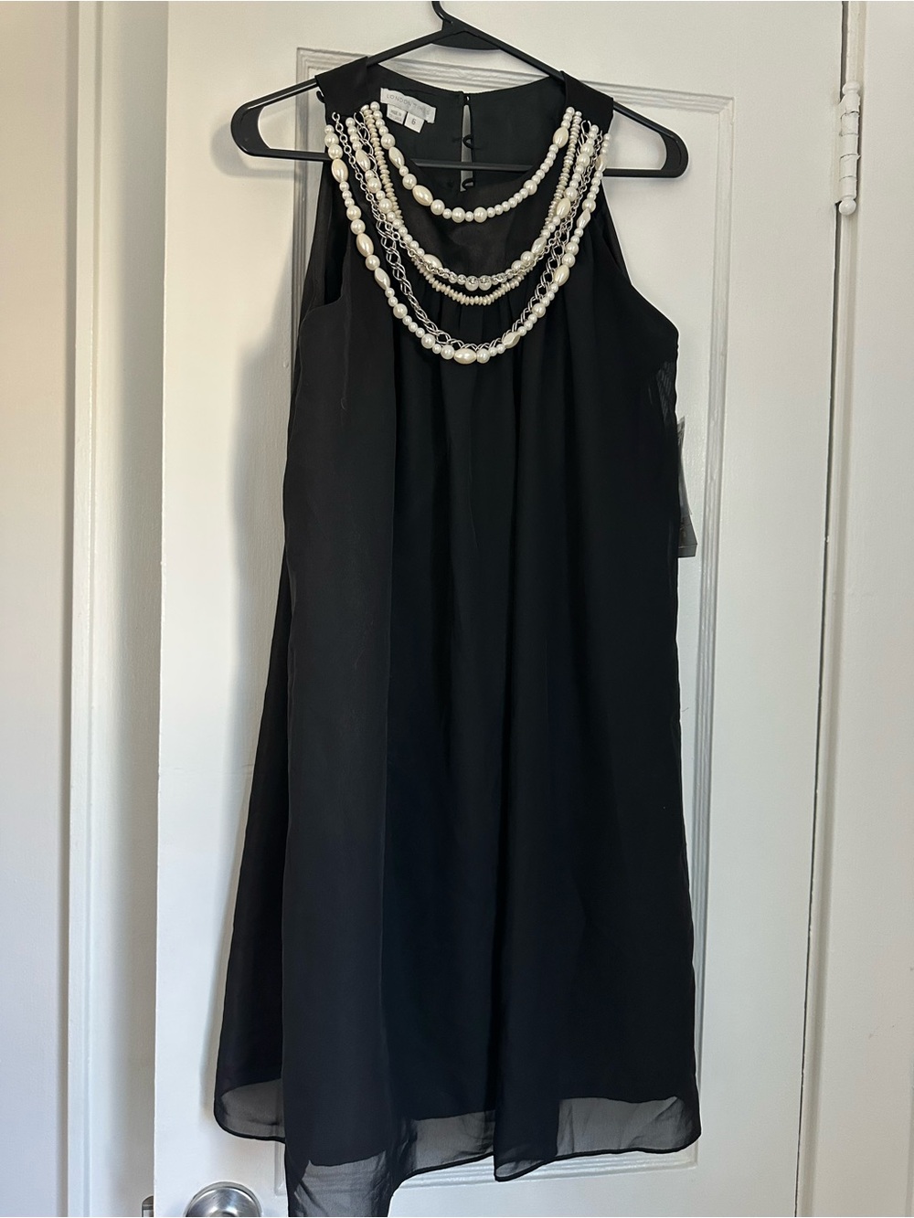 London Times Black Sleeveless Shift Dress with Faux Pearl Neckline Detail